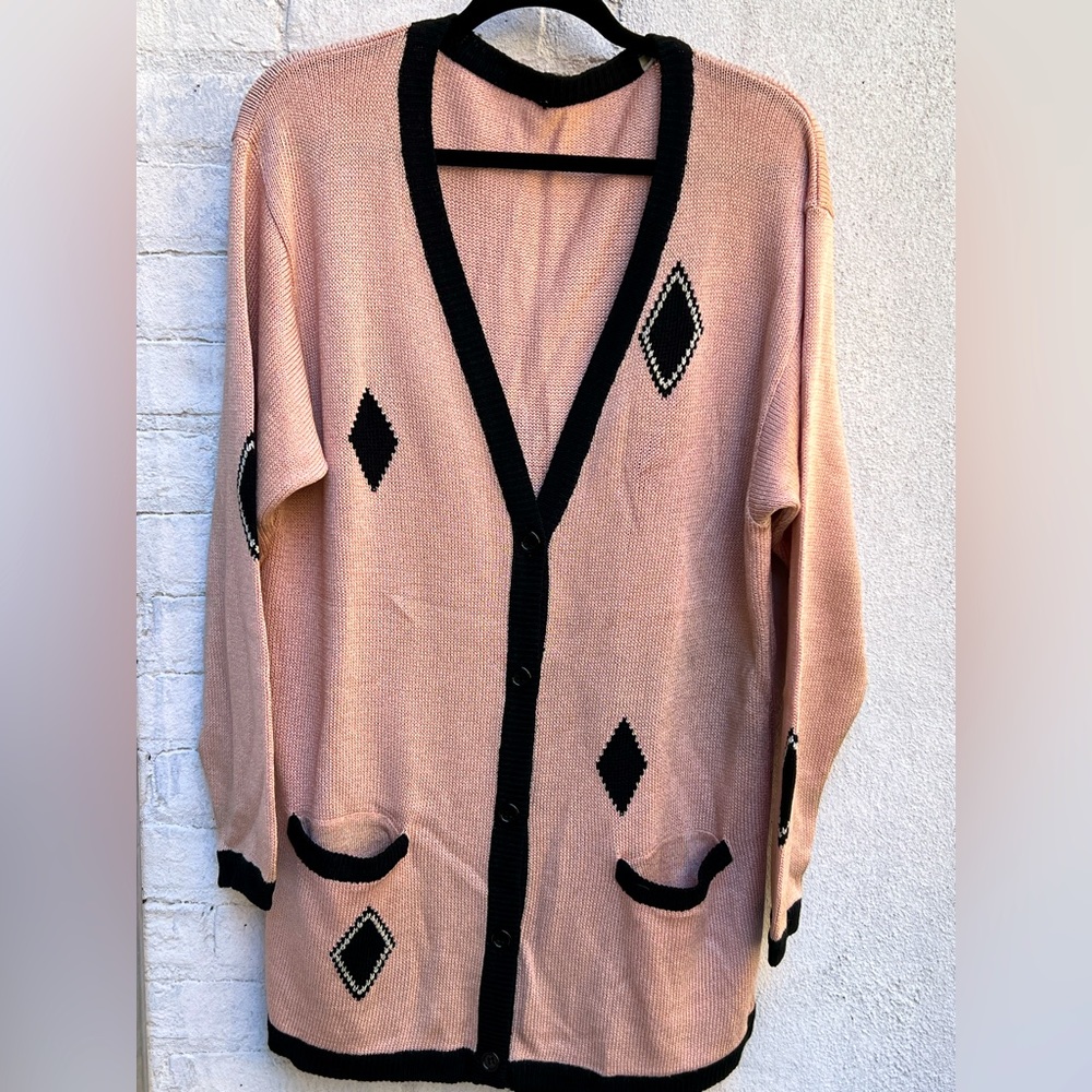 Women's Pink Cardigan with Black Trim and Diamond Details